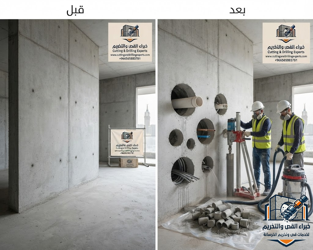فتح كور حي العزيزية مكة باستخدام أجهزة الكور الماسي لتنفيذ فتحات الخرسانة للمواسير والمكيفات والتمديدات بدون تكسير